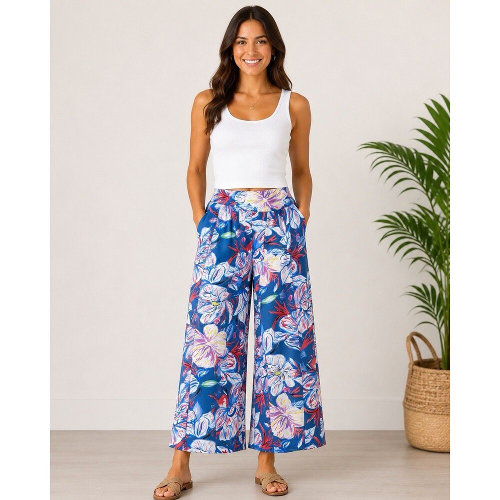 Aryeh Womens M Blue Tropical Floral Wide Leg Palazzo Pants Pull On Resort